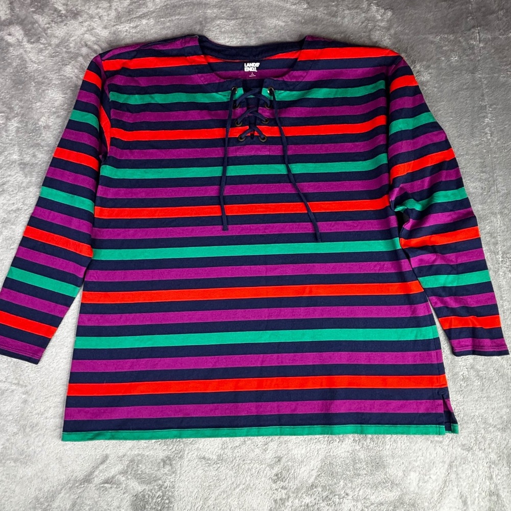 Lands End Top Womens L Large Multi Color Striped‎ Lace Up Cotton Knit Tunic